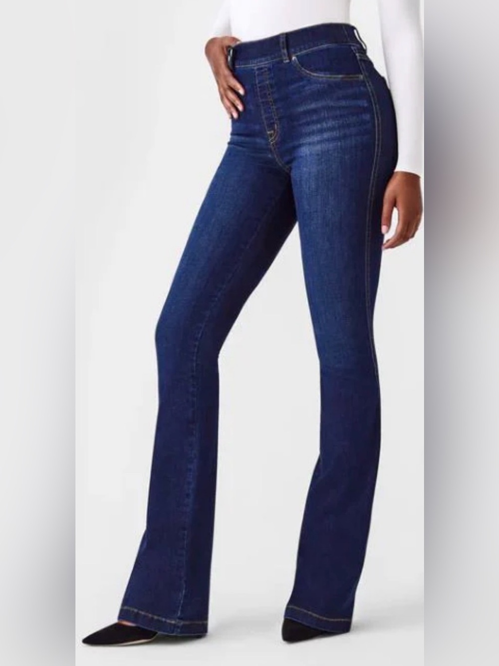 SPANX EveryWear Pull On Flare Jeans Midnight Dark Wash Blue Size Large